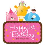 Isolated baby animals with first birthday sign