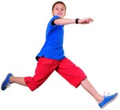 Isolated Full Length Portrait Of Running Jumping Boy Stock Photo