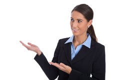 Isolated happy businesswoman presenting and showing over white b stock images Isolated happy businesswoman presenting and showing over white b stock images