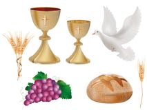 Isolerade kristna symboler: guld- bägare med vin, duva, druvor, bröd, öra av vete realistisk illustration 3d stock illustrationer Isolerade kristna symboler: guld- bägare med vin, duva, druvor, bröd, öra av vete realistisk illustration 3d stock illustrationer