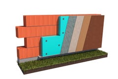 Isolerat begrepp för termisk isolering för sockel för tegelstenvägg på den vita illustrationen för bakgrund 3d stock illustrationer Isolerat begrepp för termisk isolering för sockel för tegelstenvägg på den vita illustrationen för bakgrund 3d stock illustrationer