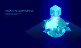 Isometric artificial intelligence business concept. Blue glowing isometric personal information data connection planet vector illustration Isometric artificial intelligence business concept. Blue glowing isometric personal information data connection planet vector illustration