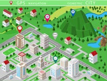 Isometric landscapes with city buildings, village, roads, parks, plains, hills, mountains, lakes, rivers and waterfall. Set of de