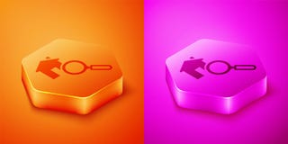 Isometric Search house icon isolated on orange and pink background. Real estate symbol of a house under magnifying glass