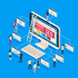 Isometric seo agency. Creative people startup develop team creating together on computer. 3d seo vector illustration royalty free illustration Isometric seo agency. Creative people startup develop team creating together on computer. 3d seo vector illustration royalty free illustration