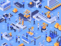 Isometric smart industrial factory. Automated production line, automation industry and factories engineer workers vector