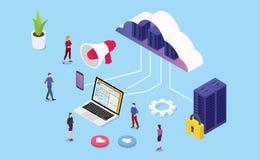 Isometric strona internetowa lub gości usługi biznesowej drużynowymi ludźmi i serweru komputerem - wektor ilustracji Isometric strona internetowa lub gości usługi biznesowej drużynowymi ludźmi i serweru komputerem - wektor ilustracji