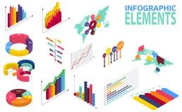 Isometric stylowy infographics z dane ikonami, światowej mapy mapami i projektów elementami, ilustracja wektor Isometric stylowy infographics z dane ikonami, światowej mapy mapami i projektów elementami, ilustracja wektor