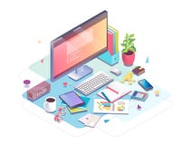 Isometric έννοια του εργασιακού χώρου με τον εξοπλισμό υπολογιστών και γραφείων διανυσματική απεικόνιση Isometric έννοια του εργασιακού χώρου με τον εξοπλισμό υπολογιστών και γραφείων διανυσματική απεικόνιση