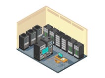 Isometric δωμάτιο κεντρικών υπολογιστών δικτύων με τη σειρά των εξοπλισμών υπολογιστών διανυσματική απεικόνιση Isometric δωμάτιο κεντρικών υπολογιστών δικτύων με τη σειρά των εξοπλισμών υπολογιστών διανυσματική απεικόνιση