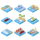 Isometrische die Schepen en Boten met Cruise en Industrieel Schip worden geplaatst Het varen en het Verschepen royalty-vrije illustratie Isometrische die Schepen en Boten met Cruise en Industrieel Schip worden geplaatst Het varen en het Verschepen royalty-vrije illustratie