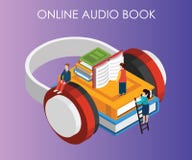 Isometrisches Grafik-Konzept des Audiobuches, in dem Leute hören können Bücher von ihrem Telefon stock abbildung Isometrisches Grafik-Konzept des Audiobuches, in dem Leute hören können Bücher von ihrem Telefon stock abbildung
