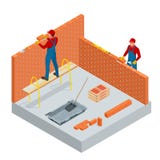 Isometrisk industriarbetare som bygger yttre väggar, genom att använda hammaren och nivån för att lägga tegelstenar i cement Kons vektor illustrationer Isometrisk industriarbetare som bygger yttre väggar, genom att använda hammaren och nivån för att lägga tegelstenar i cement Kons vektor illustrationer