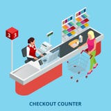 Isometrisk kontrollräknare Kvinna som betalar med en kreditkort till en lagerkontorist i en supermarket Kvalitets- service och Royaltyfri Bild Isometrisk kontrollräknare Kvinna som betalar med en kreditkort till en lagerkontorist i en supermarket Kvalitets- service och Royaltyfri Bild