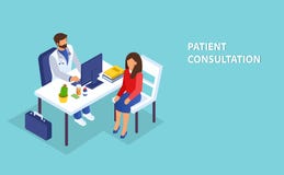 Isometrisk vektor av en doktor som konsulterar en kvinnlig patient i klinikkontor stock illustrationer Isometrisk vektor av en doktor som konsulterar en kvinnlig patient i klinikkontor stock illustrationer