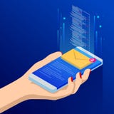 Isometriska email eller sms app på en smartphoneskärm Det nya meddelandet mottas Kvinnlign fingrar den rörande smartphonen med po stock illustrationer Isometriska email eller sms app på en smartphoneskärm Det nya meddelandet mottas Kvinnlign fingrar den rörande smartphonen med po stock illustrationer