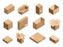 Isometriska realistiska pappleveransaskar Öppnad stängd logistisk ask som isoleras på den vita bakgrunden stock illustrationer Isometriska realistiska pappleveransaskar Öppnad stängd logistisk ask som isoleras på den vita bakgrunden stock illustrationer