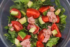 Italiaanse Salade van Tomaten, Rucola, Geraspte parmezaanse kaaskaas, Olive Oil, Olijven, Tonijn, op Witte Plaat Hoogste mening royalty-vrije stock afbeelding Italiaanse Salade van Tomaten, Rucola, Geraspte parmezaanse kaaskaas, Olive Oil, Olijven, Tonijn, op Witte Plaat Hoogste mening royalty-vrije stock afbeelding
