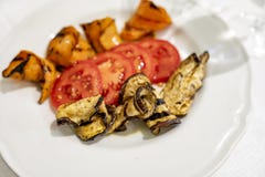 Italian cuisine, colorful grilled vegetables eggplants, pumpkins served with fresh tomatoes