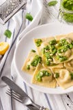 Italienische Spinatsravioli mit Pestosoße und -parmesankäse stockbild Italienische Spinatsravioli mit Pestosoße und -parmesankäse stockbild