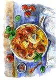 Italienische Teigwaren mit Tomaten Gemalt im Aquarell vektor abbildung Italienische Teigwaren mit Tomaten Gemalt im Aquarell vektor abbildung