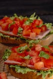 Italienisches Tomate bruschetta mit gehacktem Gem?se, Kr?utern und ?l auf gegrilltem oder krustigem ciabatta Toastbrot stockbild Italienisches Tomate bruschetta mit gehacktem Gem?se, Kr?utern und ?l auf gegrilltem oder krustigem ciabatta Toastbrot stockbild