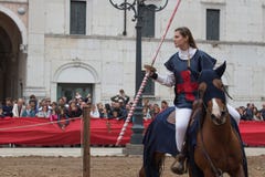 Traditional knight tournament at celebrations of Caterina Cornaro is coming to the city, medieval festival in Brescia, Lombardy,