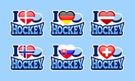J'aime des autocollants de vecteur d'hockey Drapeaux nationaux du Danemark, Allemagne, Lettonie, Norvège, Slovaquie, Suisse Affic illustration libre de droits J'aime des autocollants de vecteur d'hockey Drapeaux nationaux du Danemark, Allemagne, Lettonie, Norvège, Slovaquie, Suisse Affic illustration libre de droits