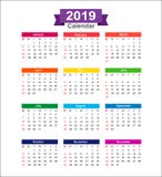 2019 Jaarkalender op witte vectorillustra wordt geïsoleerd die als achtergrond royalty-vrije illustratie 2019 Jaarkalender op witte vectorillustra wordt geïsoleerd die als achtergrond royalty-vrije illustratie