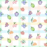 Jagoda wektoru bezszwowy wzór z pasiastą szkocką kratą Karmowego kontur ikon powtórki jagodowego opakunku jaskrawa czerwona tekst ilustracji Jagoda wektoru bezszwowy wzór z pasiastą szkocką kratą Karmowego kontur ikon powtórki jagodowego opakunku jaskrawa czerwona tekst ilustracji