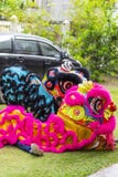 Jambi, Indonesië - Januari 28, 2017: Leeuwdans die acrobatiek doen om Chinees Nieuwjaar te vieren royalty-vrije stock foto's Jambi, Indonesië - Januari 28, 2017: Leeuwdans die acrobatiek doen om Chinees Nieuwjaar te vieren royalty-vrije stock foto's