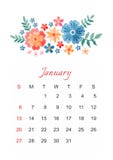januari Vectorkalendermalplaatje voor het jaar van 2019 met mooie samenstelling van borduurwerkbloemen vector illustratie januari Vectorkalendermalplaatje voor het jaar van 2019 met mooie samenstelling van borduurwerkbloemen vector illustratie