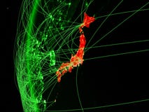 Japan från utrymme på grön modell av jord med internationella nätverk Begrepp av den gröna kommunikationen eller loppet illustrat royaltyfri illustrationer Japan från utrymme på grön modell av jord med internationella nätverk Begrepp av den gröna kommunikationen eller loppet illustrat royaltyfri illustrationer