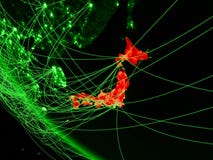 Japan på grön planetjord från utrymme med nätverket Begrepp av den internationella kommunikationen, teknologi och loppet 3d vektor illustrationer Japan på grön planetjord från utrymme med nätverket Begrepp av den internationella kommunikationen, teknologi och loppet 3d vektor illustrationer