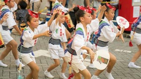 Japanese children dancing traditional Awaodori dance in the famous Koenji Awa Odori festival, Tokyo, Japan stock image Japanese children dancing traditional Awaodori dance in the famous Koenji Awa Odori festival, Tokyo, Japan stock image