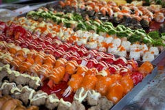 Japanese cuisine Sushi thai style many variety topping for sale royalty free stock photo Japanese cuisine Sushi thai style many variety topping for sale royalty free stock photo