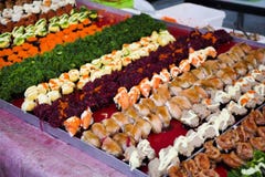 Japanese cuisine Sushi thai style many variety topping for sale stock images Japanese cuisine Sushi thai style many variety topping for sale stock images