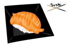Japanese food style, Sushi salmon with lemon sliced on black plate stock illustration Japanese food style, Sushi salmon with lemon sliced on black plate stock illustration