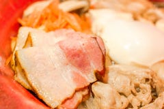 Japanese food. Udon noodles with bacon, sliced ​​pork, egg royalty free stock image Japanese food. Udon noodles with bacon, sliced ​​pork, egg royalty free stock image