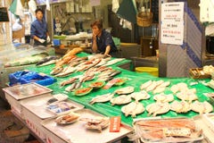 June 2018, Men market vendors seafood fish Omicho food market hall, Kanazawa, Japan Royalty Free Stock Images June 2018, Men market vendors seafood fish Omicho food market hall, Kanazawa, Japan Royalty Free Stock Images