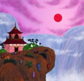 A japanese pavilion with a pair of cranes standing on a rock in front of giant waterfalls and the rising sun, The Spirit of Asia vector illustration A japanese pavilion with a pair of cranes standing on a rock in front of giant waterfalls and the rising sun, The Spirit of Asia vector illustration