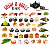 Japanska sushi- och rullsymboler, vektorskaldjur stock illustrationer Japanska sushi- och rullsymboler, vektorskaldjur stock illustrationer