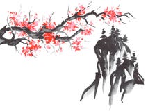 Japonia sumi-e tradycyjny obraz Fuji góra, Sakura, zmierzch Japonia słońce Indiańskiego atramentu ilustracja Japoński obrazek ilustracja wektor Japonia sumi-e tradycyjny obraz Fuji góra, Sakura, zmierzch Japonia słońce Indiańskiego atramentu ilustracja Japoński obrazek ilustracja wektor