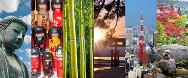 Japão, colagem panorâmico da foto, símbolos japoneses, curso de Japão, conceito do turismo fotografia de stock Japão, colagem panorâmico da foto, símbolos japoneses, curso de Japão, conceito do turismo fotografia de stock