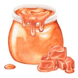 A jar of caramel. A pot of honey. Watercolor illustration. Isolated on a white background.