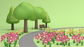 Jardín de flores y calzada, árboles en los parques verdes, estilo 3d polivinílico bajo de la historieta rendir libre illustration Jardín de flores y calzada, árboles en los parques verdes, estilo 3d polivinílico bajo de la historieta rendir libre illustration