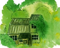 Jardín overgrown, cabaña abandonada con el verdor - ejemplo pintado a mano de la acuarela stock de ilustración Jardín overgrown, cabaña abandonada con el verdor - ejemplo pintado a mano de la acuarela stock de ilustración