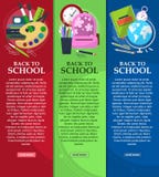 Jaskrawi sztandary z powrotem szkoła z schoolbag, kulą ziemską, książkami i materiały z miejscem dla twój teksta, wektor Obrazy Stock Jaskrawi sztandary z powrotem szkoła z schoolbag, kulą ziemską, książkami i materiały z miejscem dla twój teksta, wektor Obrazy Stock