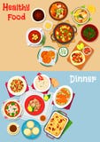 Je lunch menu ikonę ustawiającą z głównymi naczyniami i deserem royalty ilustracja Je lunch menu ikonę ustawiającą z głównymi naczyniami i deserem royalty ilustracja