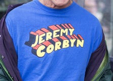 Jeremy Corbyn-Supermannt-shirt Slogan stockfotografie Jeremy Corbyn-Supermannt-shirt Slogan stockfotografie